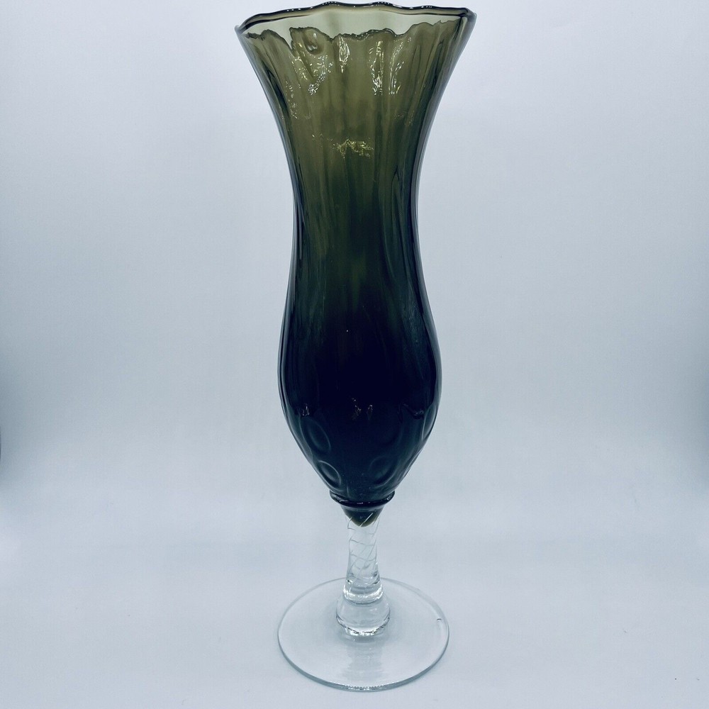 Smoke Glass Handblown Vase Footed Pedestal Textured Ruffled Green Gray 10"